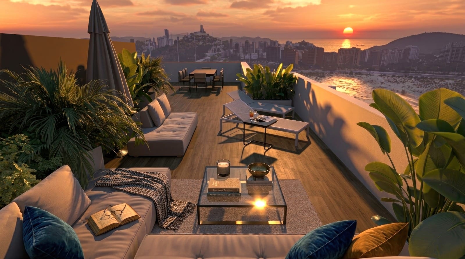 Infografía 3D de una terraza en cubierta al atardecer, con sofás, vegetación y vistas a la bahía de Benidorm