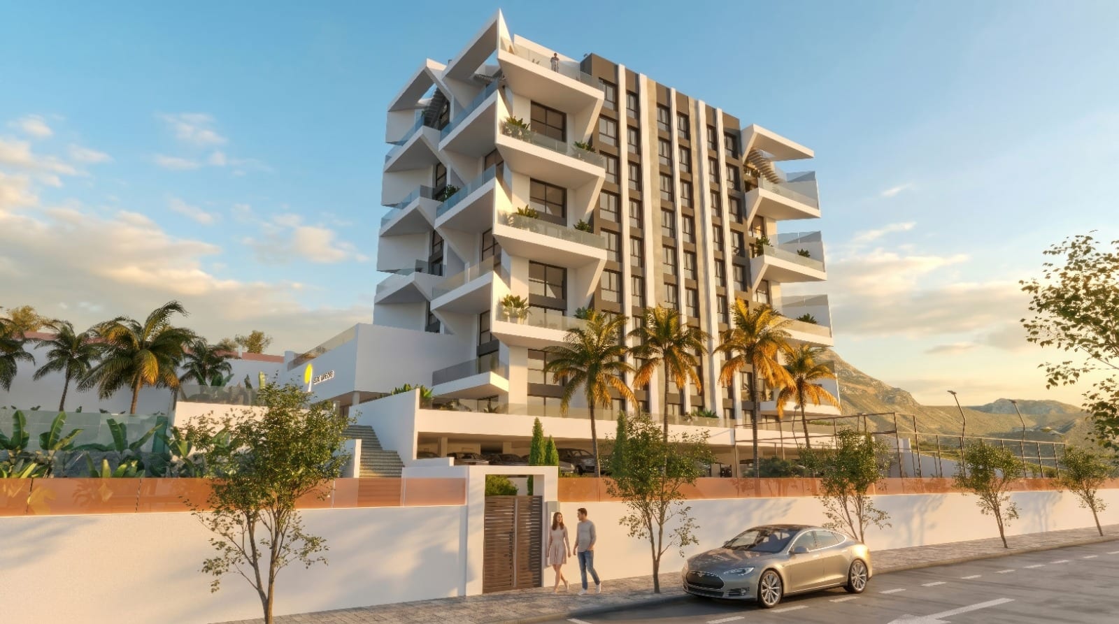 Infografía 3D del edificio visto desde la calle a plena luz, con arbolado joven y la montaña al fondo