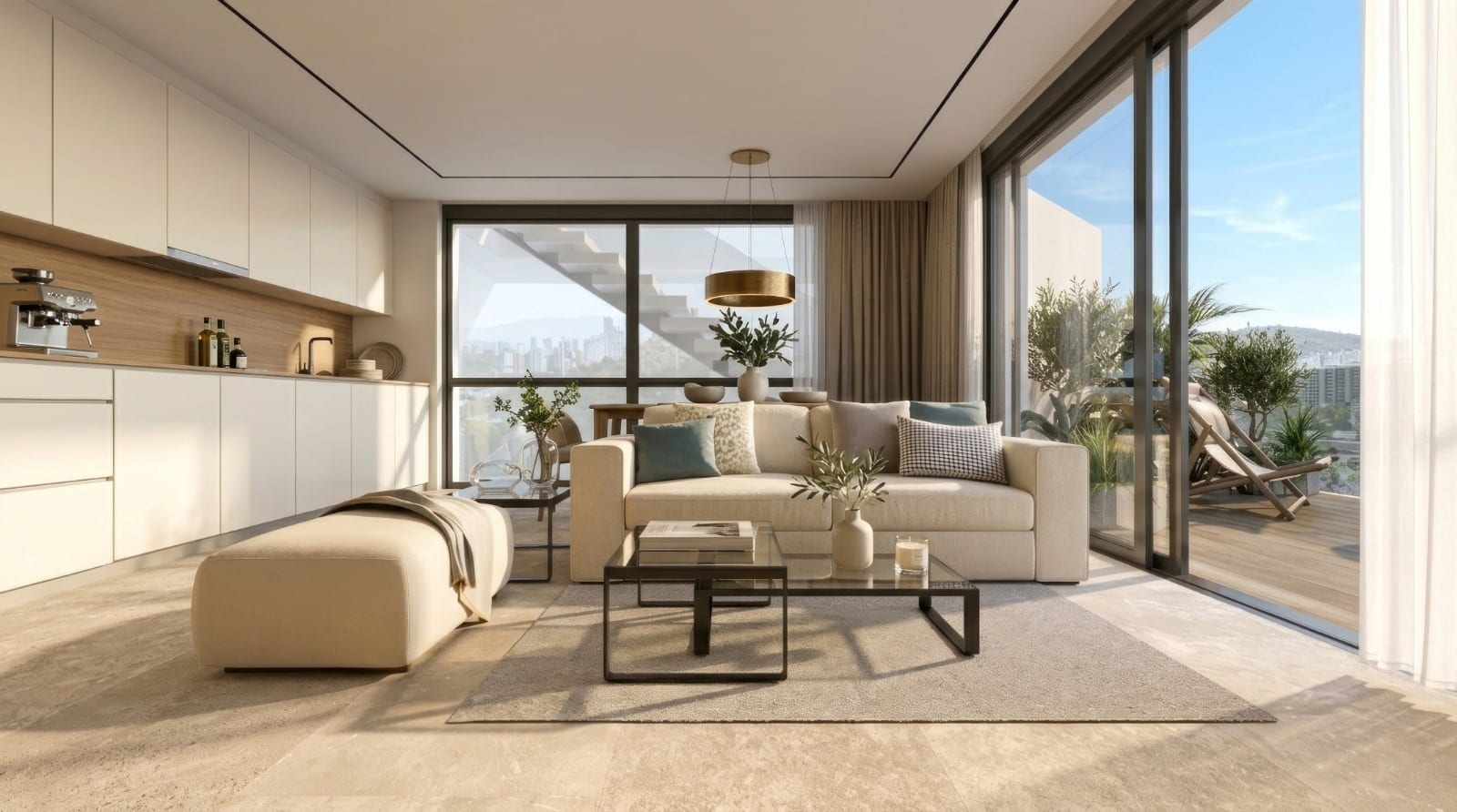 Infografía 3D del salón de una vivienda, abierto a la terraza mediante un gran ventanal corredero